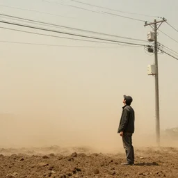 a man looking at the sky, texture, brown mud, dust, tangled overhead wires, telephone pole, dusty, dry, pencil marks, genius party,shinjuku, koji morimoto, katsuya terada, masamune shirow, tatsuyuki tanaka  hd, 4k, remaster, dynamic camera angle, deep 3 point perspective, fish eye, dynamic scene