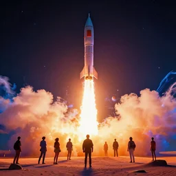 rocket launch from infinite desert, dramatic bright neon colors, highly detailed, cinematic, # f 2 2 2 ff # 8 c 1 eff synthwave, robert morello, vladimir kush, chris foss, roger dean, michael whelan, bruce pennington, lisa frank, bob eggleton, alfred kelsner, kubrick, wojtek suidmak