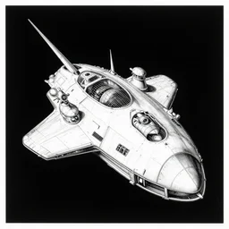 bw drawing of spaceship by mc escher and hieronymus bosch, black background