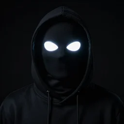 Photo of a person wearing black hoodie with a hood on and completely black full face mask and glowing white oval eyes, on a black background