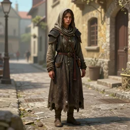 female poor beggar on the streets unclean, ultra detailed fantasy, dndbeyond, bright, colourful, realistic, dnd character portrait, full body, pathfinder, pinterest, art by ralph horsley, dnd, rpg, lotr game design fanart by concept art, behance hd, artstation, deviantart, hdr render in unreal engine 5