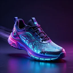 generative design sneakers with led skin in the style of cyberdog, product shot, dynamic neon lighting
