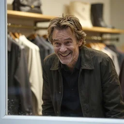 willem dafoe making a creepy smile while looking in the window of a clothing store
