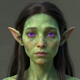 a character with an earthy green skin tone and horizontal elf ears, digital art, incredible detail, perfect facial proportions, perfect lighting, alternate history, dark hair, purple eyes, mundane, ordinary, a species from another world
