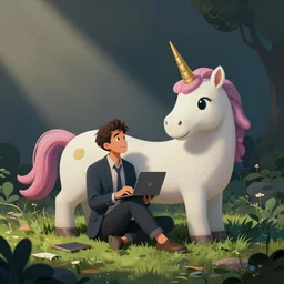 woke hipster male executive sitting near unicorn, cartoon, trending behance