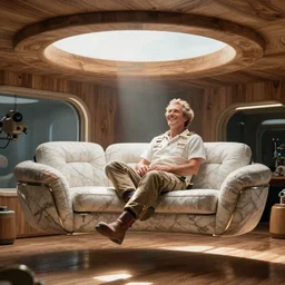 a room floating in a house made of air and wood modern marble space travel couches and a grinning man