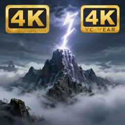 Skyrim style mountain in the clouds with a lighting bolt striking the tip causing an avalanche, 4k, picture of the year, artstation