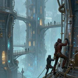 landscape painting of fantasy metal steampunk city that has a light blue glow with walkways and lit windows with focus on hooded thieves in leathers climbing the buildings using a rope, fine details, magali villeneuve, artgerm, rutkowski