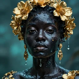 hyperrealistic neo - rococo cinematic very expressive! black oshun goddess, open eyes, body in water, mirror dripping droplet!, gold flowers, highly detailed face, digital art masterpiece, smooth eric zener cam de leon dramatic pearlescent teal light, ground angle uhd 8 k, sharp focus