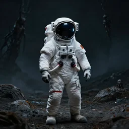 astronaut on an alien landscape, dark, scary
