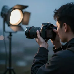 a photographer taking a picture. bokeh. sharp. background blur. vignette. bluish tones. professional studio lighting. dslr photo