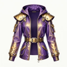 fashion drawing of a purple and gold shiny steam punk hoodie jacket with metallic belts and buttons and chains, big collar, big shoulder polster, short sleeves, very detailed, elaborate, purple neon light, soft white light from front - w 1 0 2 4 - h 1 0 2 4 - n 4 - s 1 5 0