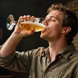 man drinking beer out of a very very tall glass