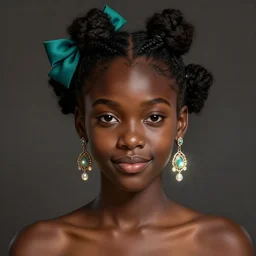 portrait of shy black girl, realistic, bantu knots, pointy nose, lanky, slight smirk, cute, defined jawline, glowing bronze - brown skin, teal hair bow, earrings, intricate, elegant, glowing lights, highly detailed, digital painting, artstation, sharp focus, illustration, complimentary colors, art by wlop, mars ravelo and greg rutkowski