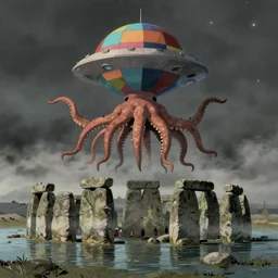 a realistic cell - shaded studio ghibli concept art from paprika ( 2 0 0 6 ) with very dull muted colors. a multi - colored cube ufo octopus from close encounters of the third kind ( 1 9 7 7 ) hovers in the sky over a flooded monument valley stonehenge on a misty starry night, hd, 4 k, hq