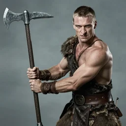 a young peter sarsgaard mixed with michael fassbender, with pointy nose and, short hair, huge muscular athletic dressed as barbarian swinging a claymore