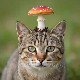 a small domestic housecat with a spotted mushroom growing atop its head