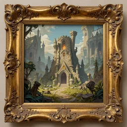illustration a intrincate engraved wood frame absurdly ornated gold facing view fantasy and hearthstone style