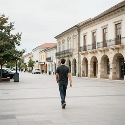 a man walking in the town, wide - shot, professional color photograph