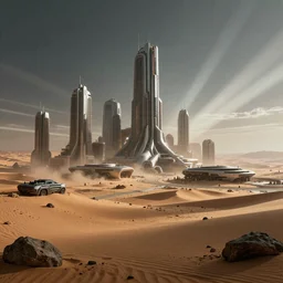 futuristic desert cyberpunk metropolis, beautiful dynamic lighting, cinematic, wide angle establishing shot, extremely high detail, photo realistic, cinematic lighting, post processed, concept art, artstation, matte painting, style by eddie mendoza, raphael lacoste, alex ross, volumetric lighting, light rays, photorealistic, ultrarealistic, moody, coronarender, 8k