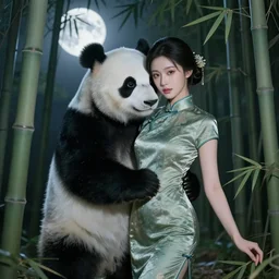 photo of a beautiful chinese woman dressed in a qipao who is partially transforming into an anthropomorphic panda, in the moonlit bamboo forest. physiological transformation ; hybrid creature. highly - detailed ; photorealistic.