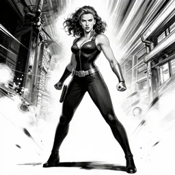 scarlett johansson as juggernaut from x - men, full body action pose scene, black and white, afro samurai manga style
