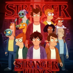 Stranger Things Season poster with cast of Futurama, Matt Groening, high resolution, hyper detailed, intricate, photorealistic, all cast members, netfilx !n-9
