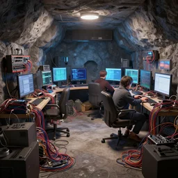 a hackers cave with many computers and piles of modular synth cables, by cameron gray, wlop, stanley kubrick, masamune, hideki anno, unique perspective, trending on artstation, 3 d render, smooth render