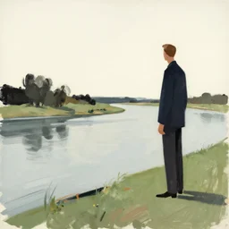 man standing by a river, 1960’s minimalist advertising illustration, painterly, expressive brush strokes