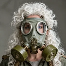 a rustic woman wearing gas mask, detailed face, white curly hair, by krenz cushart