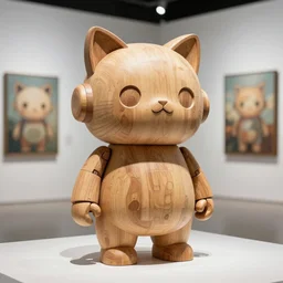 8 k octan advertising detailed photo, a totally wooden sculpture collectible art toys on feet, very cute fat cyborg zen with cat ears, cyberpunk a contemporary art gallery sharp focus, masterpiece nofinito