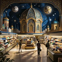 a super market in space in Ottoman miniature style