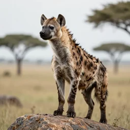 anthromorphic Hyena standing on a rock looking out on the savana, furaffinity, detailed