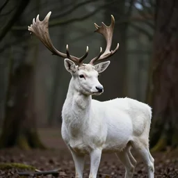 king of the forest, a white stag, beautiful, fantasy, hyper realistic, dramatic lighting, cinematic, 35mm lens, 8k,