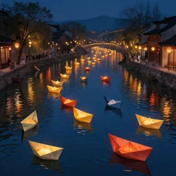 lanterns paper boats in many colors sailing down a river at night, beautiful digital matte painting trending on artstation