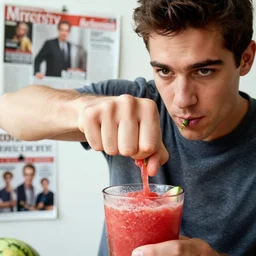 closeup portrait of a young man punching a watermelon into a smoothie, magazine, press, photo, steve mccurry, david lazar, canon, nikon, focus