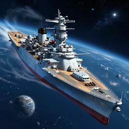 flying battleship in space, vibrant colors, highly detailed, ww 2 battleship, unreal engine, 8 k, space