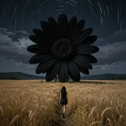 giant black daisy flower face, girl walking in wheat field, hills, surreal photography, dark night, star trails, dramatic light, impressionist painting, clouds, digital painting, artstation, simon stalenhag