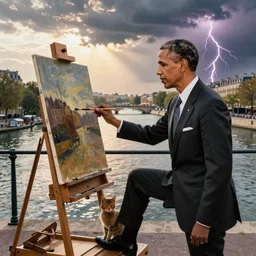 obama is dressed as a gentleman at early 2 0 th century paris. he is watching an easel. that easel has a canvas on it. barack obama has a brush on his hand. he is painting a painting. there is a small brown cat with yellow eyes on barack obamas feet. on background has river seine, morning sun, dark clouds, lightning, by frank miller
