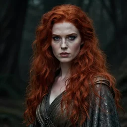 gorgeous redhead warrior girl of the feywilds, beautiful face, strong line, muted colors, shimmering clothing, moody lighting, high contrast, by brian froud, by john anster fitzgerald