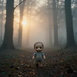 funny little horror doll in foggy woods, sundown, moody, by simon stalenhag, greg rutkowsky, artgerm