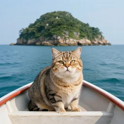 A large cat on a small boat, funny, large island in the background, high quality,