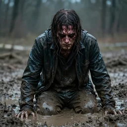 8 k photo of a horror villain stuck in mud, he is sad that his dark clothes are muddy.