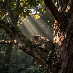detailed inherent theme of cat napping in a tree deep in the forest, evening sunbeams, inherent style digitl art by master artist, artistic - powerful, artistic - natural, artistic - expressive'