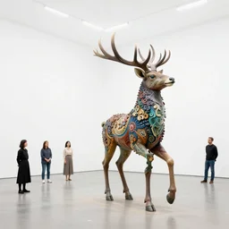 etablishing wide view shot of stunning colorful fascinating * poetic * sculpture of a strange deer mythic creature animal born from nature by * beth cavener * in empty empty white space exposion. elegant animal living form. with collaboration of ellen jewett, zhelong xu, beth cavener, sayaka ganz, edouard martinet, john o'