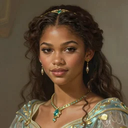 beautiful young zendaya as tiana princess, closeup, d & d, fantasy, intricate, elegant, highly detailed, digital painting, artstation, concept art, matte, sharp focus, illustration, art by artgerm and greg rutkowski and alphonse mucha