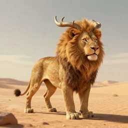 an alien creature in the desert, 4 legs, hairs like a lion, antlers, particles in the background, octane render