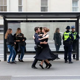 people at the bus stop were looking at me. they were dancing among themselves. a courting, fleeting, violent dance that i was not invited to. after about a thousand questions the police officers stopped talking, although i was no longer answering. i hadn't even been listening. i was trying to look at the people at the bus stop, but they kept disappearing