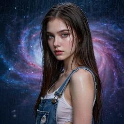 goddess woman,, soft eyes and narrow chin, dainty figure, long hair straight down, torn overalls, nebula background, side boob, wet shirt, wet, raining, highly detailed face, realistic face, beautiful detailed eyes, fantasy art, in the style of greg rutkowski, illustration, epic, fantasy, intricate, hyper detailed, artstation, concept art, smooth, sharp focus, ray tracing, vibrant,
