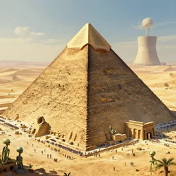 wise aliens and ancient egyptians building a pyramid that is a nuclear power plant surrounded by crowds and a desert in the distance, digital art, artstation, trending, 4 k, intricate, ultra hd